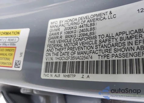 2022 Honda Accord Sport 2.0T from USA, damaged, VIN 1HGCV2F35NA025474